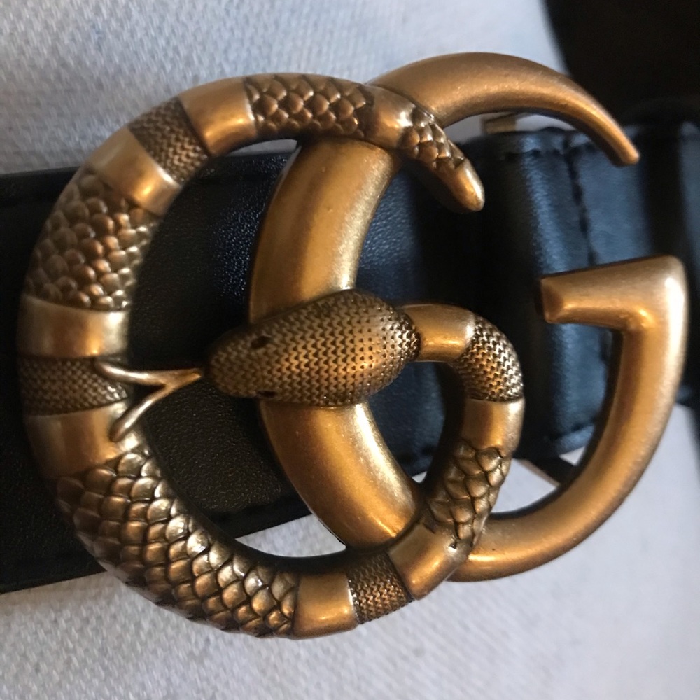 GG black leather belt gold bronze snake buckle
